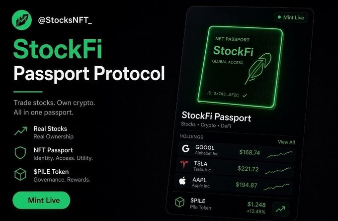 An advertisement for "StockFi Passport Protocol" (@StocksNFT_) promoting stock trading and crypto ownership, displaying holdings of GOOGL, TSLA, AAPL, and $PILE.