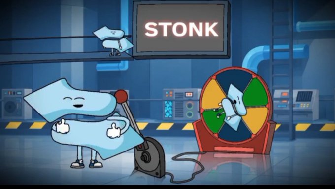 A cartoon scene featuring blue arrow characters in an industrial setting, with a large sign reading 'STONK' displayed prominently on a screen in the background.