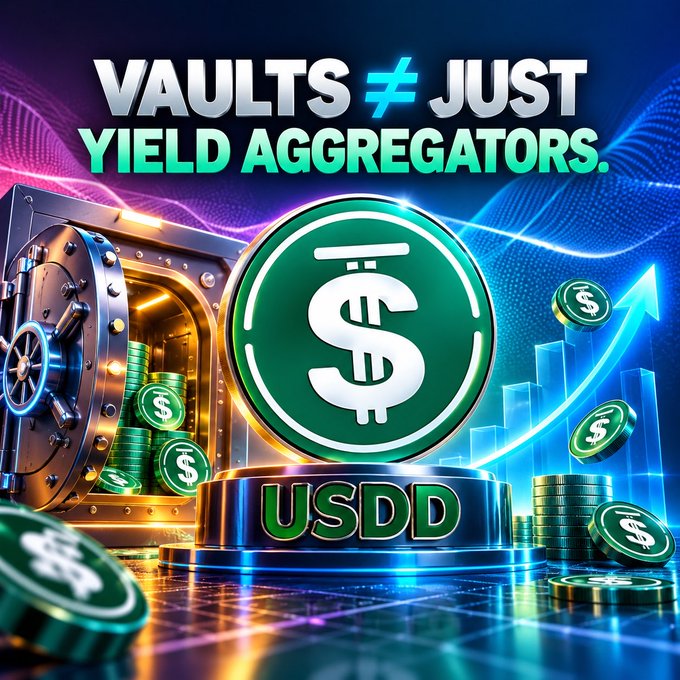 A digital graphic promoting the USDD stablecoin with the text 'VAULTS ≠ JUST YIELD AGGREGATORS' alongside a vault, coin stacks, and a growth chart.