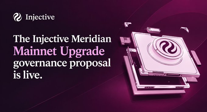 An Injective promotional graphic announces 'The Injective Meridian Mainnet Upgrade governance proposal is live' with the Injective logo and a stylized metallic square chip with the INJ symbol.