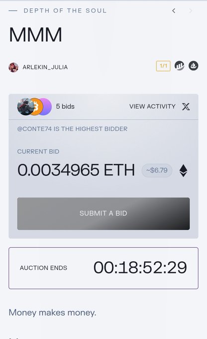 An NFT auction interface for an item titled 'MMM' by 'ARLEKIN_JULIA', showing a current bid of 0.0034965 ETH (~$6.79) with 18:52:29 remaining.