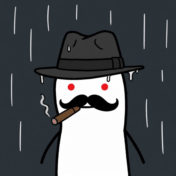 A minimalist cartoon illustration of a white character wearing a black fedora with a large black mustache, smoking a cigar while standing in the rain.