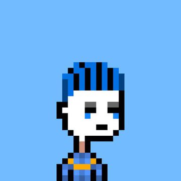 A pixel art character with blue hair and a blue and black striped shirt against a sky blue background, appearing as the mascot or signature style for "Bang for the Art," an NFT project. The image visually represents the project's community-driven ethos, complementing the message that floor prices fluctuate and collectors should buy based on personal preference rather than market speculation.