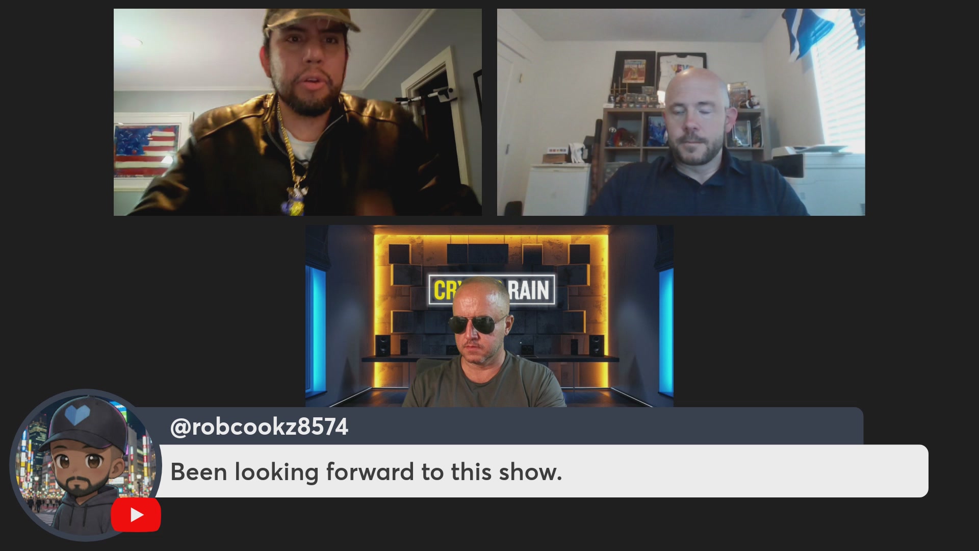 The image shows a computer screen with three different screens displayed, each showing a man wearing sunglasses and a hat. The first screen has two men talking to each other, while the second screen features another man sitting alone. The third screen displays an empty room with a sign that says "CRRAIN". The post is about how the TV show "CRRAIN" has been taken over by a new character named "OMI", and it seems like everyone is talking about this change in the show's lineup.