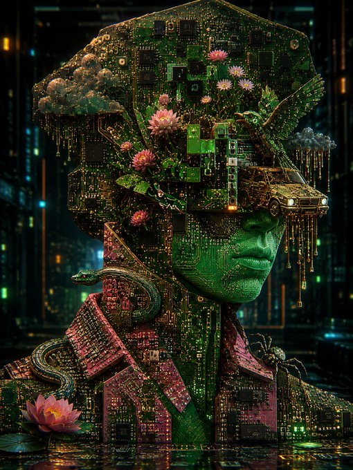 A striking digital portrait of a figure whose head and clothing are composed of green circuit boards, blooming pink lotus flowers, dripping golden elements, and a small vehicle, all set against a glowing futuristic cityscape. The image evokes themes of cyberpunk renewal and reordering, perfectly complementing the post's call to "R3ORDR" the weekend.