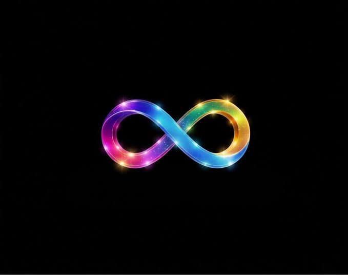 A glowing rainbow-colored infinity symbol with sparkling star effects against a black background.