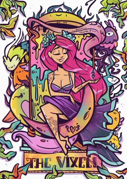Colorful tarot card-style illustration of a pink-haired woman with "THE VIXEN" label at the bottom, surrounded by cartoon sea creatures and the text "I <3 VIZ".