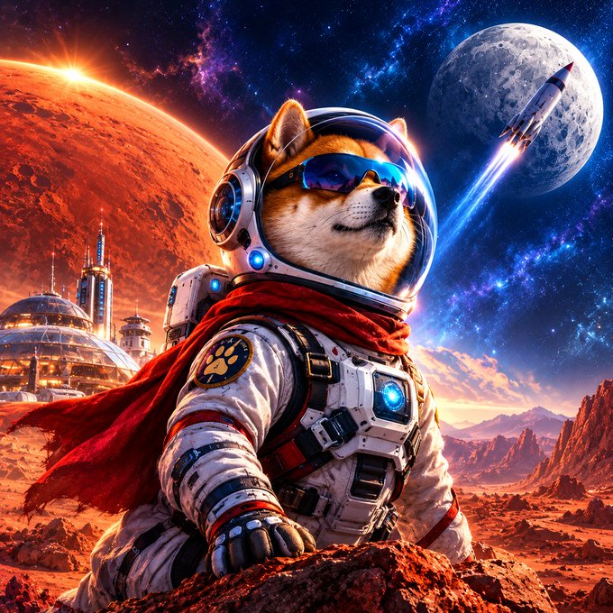 A digital artwork of a Shiba Inu dog wearing an astronaut suit and sunglasses, standing on a Martian landscape with a rocket launching toward the moon in the background.
