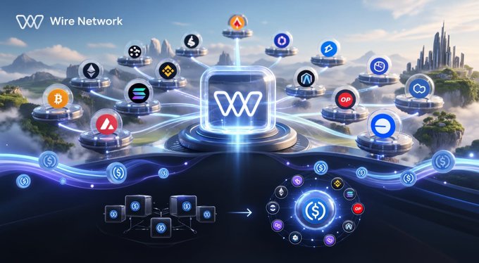 The image showcases Wire Network's "W" logo at the center, surrounded by interconnected platforms featuring various cryptocurrency symbols (including Bitcoin, Ethereum, AVAX, OP, and SOL), with a visualization at the bottom illustrating the transition from fragmented connections to a unified ecosystem. It visually represents the post's message about USDC's distribution across 38 blockchains, highlighting the challenge of interoperability between networks rather than just token availability.