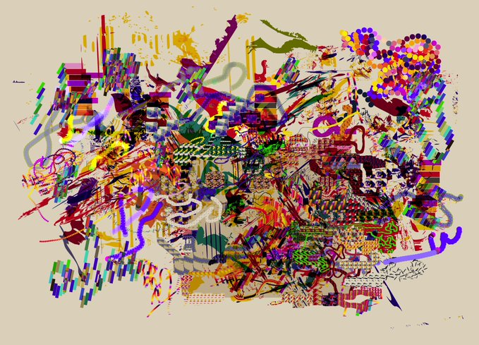 An abstract, chaotic digital artwork filled with vibrant splashes, geometric patterns, and intricate pixelated textures in various colors.