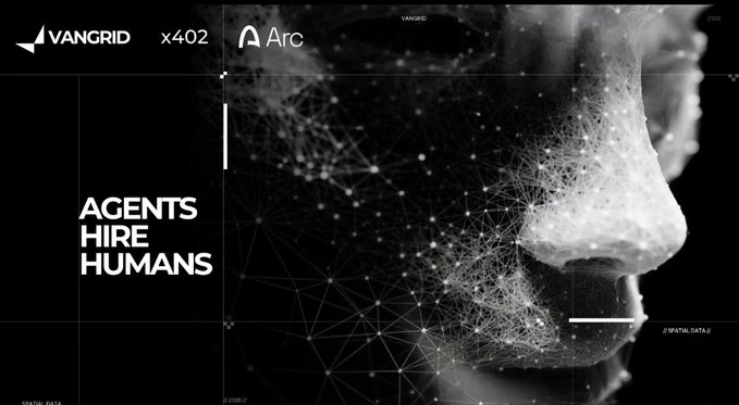 A black and white digital artwork of a human face overlaid with a network of connected dots and lines, featuring the text "VANGRID x402," "Arc," and "AGENTS HIRE HUMANS."
