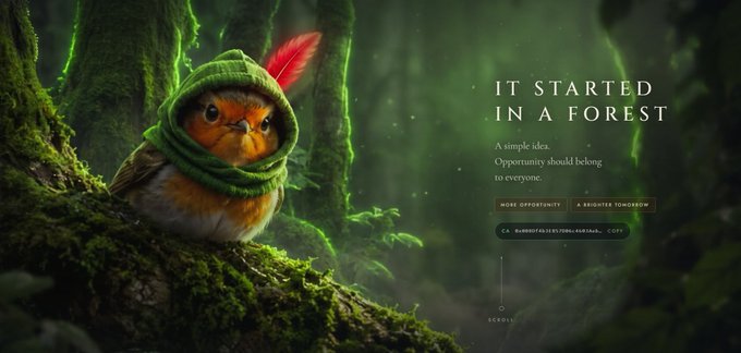 A fantasy-style website mockup showing a small bird wearing a green knit hood with a red feather, perched in a mossy forest, with the text 'IT STARTED IN A FOREST — A simple idea: Opportunity should belong to everyone.'