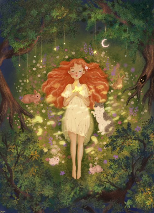 A whimsical digital illustration of a red-haired girl in a white dress floating in a forest, holding a glowing star, surrounded by rabbits, a cat, fireflies, and hanging stars with a crescent moon overhead.
