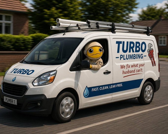 The image features a white van with a cartoon character, possibly a robot or an animal, driving down a street. The van has a sign that says "Turbo Plumbing" on its side, indicating that it provides plumbing services. There is also text in the image that reads "Leaks? Clogs? Projects your husband promised he'd fix months ago?". This suggests that the van might be involved in fixing plumbing issues for customers who have not yet received their promises from their husbands.

The van's presence on the street and its association with Turbo Plumbing indicate that it is likely a mobile plumbing service, providing quick and efficient solutions to various plumbing problems. The cartoon character or robot driving the van adds an element of fun and humor to the image, making it more engaging for viewers who are interested in home improvement services.

Overall, the image effectively conveys the message about Turbo Plumbing's ability to address plumbing issues promptly and efficiently, as well as their commitment to customer satisfaction.