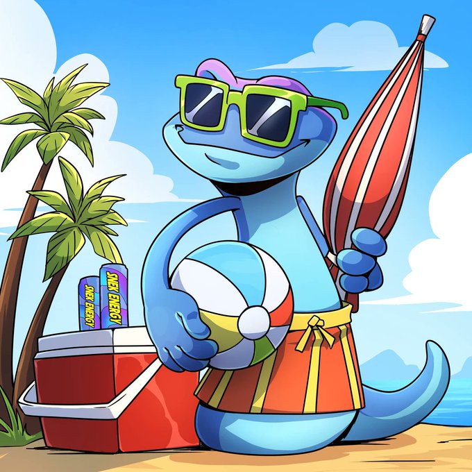 A cartoon illustration of a blue lizard-like character wearing green sunglasses, holding a beach ball and umbrella, standing next to a red cooler stocked with King Cobra energy drinks on a tropical shore.