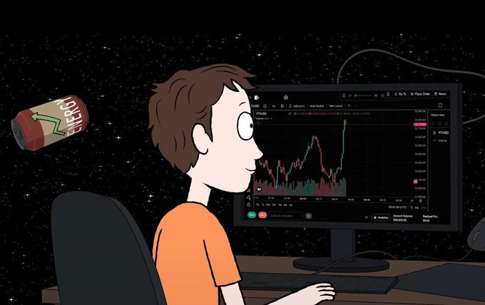 A cartoon illustration shows a young person in an orange shirt sitting at a desk looking at a cryptocurrency chart on a monitor, with a flying can labeled 'CAVE TEAM' in the starry background.