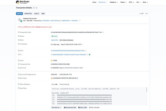 A BscScan transaction details page showing a BNB Smart Chain Testnet transaction with a value of 0 BNB and gas price of 1.150 Gwei.