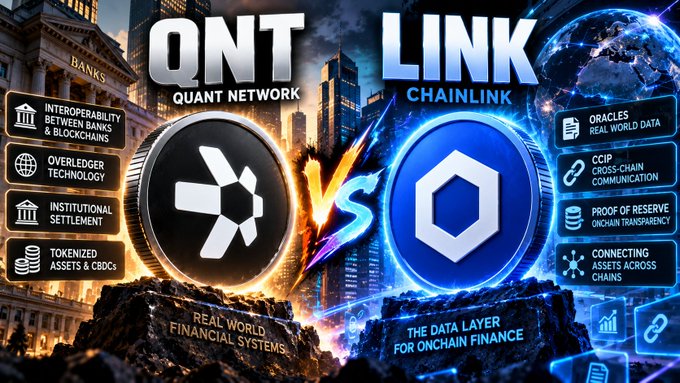 A promotional graphic comparing QNT (Quant Network) and LINK (Chainlink) cryptocurrencies, highlighting QNT's features like interoperability, overledger technology, and institutional settlement versus LINK's oracles, CCIP, and proof of reserve.