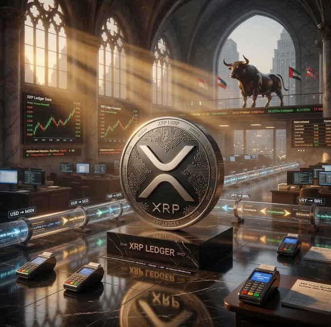 A highly detailed digital artwork of an XRP coin on a pedestal labeled 'XRP LEDGER' inside a grand, sunlit trading hall featuring trading screens, a bronze bull statue, and currency exchange terminals.