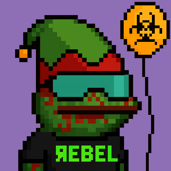 A pixel art illustration of a green-skinned character in a visor with red drips, holding a smiley-face balloon, wearing a shirt that says 'REBEL,' against a purple background.