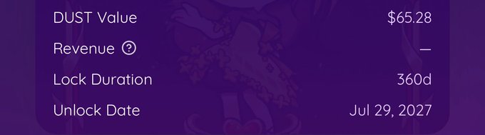 A purple interface displays token metrics including "DUST Value" at $65.28, "Revenue" with a dash, "Lock Duration" of 360d, and an "Unlock Date" of Jul 29, 2027.