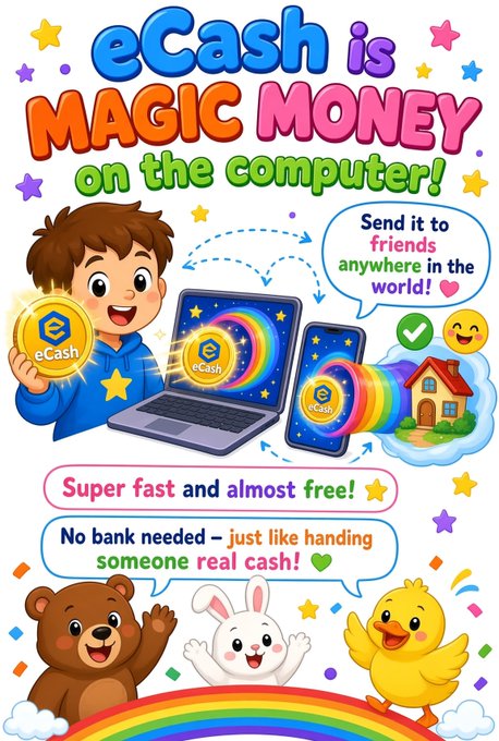 Colorful cartoon promotional graphic titled 'eCash is MAGIC MONEY on the computer!' featuring a boy holding an eCash coin, with text about sending money to friends worldwide and being super fast and almost free.