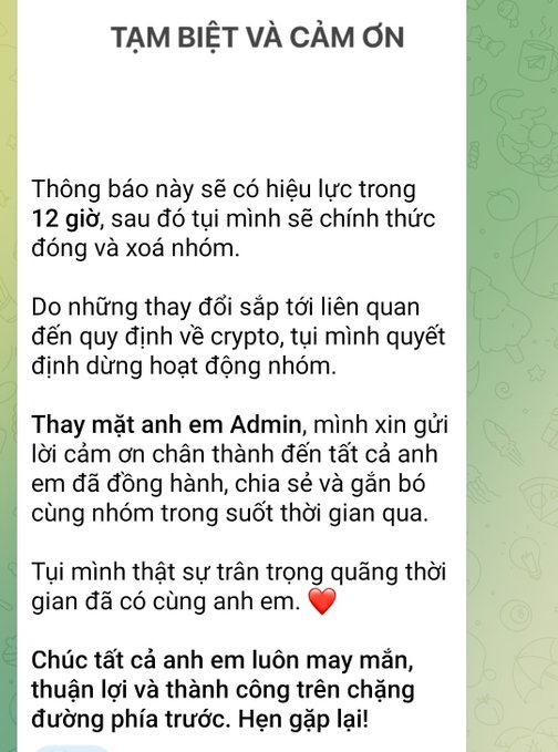 A Vietnamese announcement titled 'TAM BIỆT VÀ CẢM ƠN' (Goodbye and Thank You) explaining that a group is being officially closed and deleted in 12 hours due to upcoming changes in crypto regulations, with the admin thanking members for their time together.