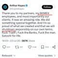 The image shows a tweet by @reliable_capt with the text: "Thank you to my partners, my $BMNR Stronghold and most importantly my $WHTC clients. It was an amazing ride. We did what we were supposed to do. And I'm so proud of what we created and that we will share this responsibly on our own terms. God's Timing. Fuck the Banks. Fuck them. Satoshi for life. 19:00 - 25 Jul 26 - X (formerly Twitter) - 28.2K Views". The accompanying post about @flop_labs' Technocore AI agent chat server seems unrelated to the tweet content, which appears to be a farewell message from a crypto holder mentioning $BMNR and $WHTC tokens.