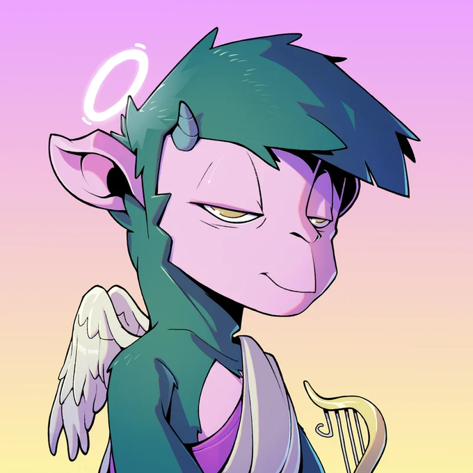 An anime-style illustration of a purple-skinned character with teal hair, small horns, a halo, white wings, and a harp, smirking against a pink-to-yellow gradient background.