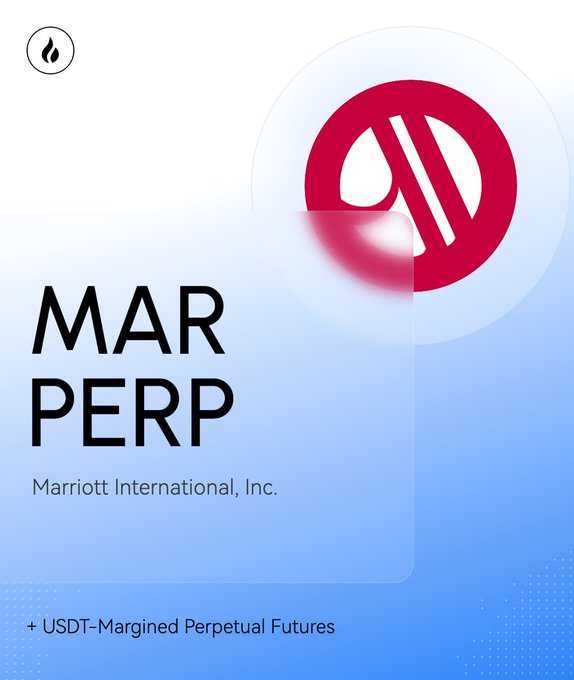 A promotional graphic announces the new MAR PERP listing for Marriott International, Inc. on HTX, featuring the company's red logo and noting it is a USDT-margined perpetual futures contract, which aligns with the accompanying post about HTX adding $MAR/USDT perpetual futures with up to 20x leverage.