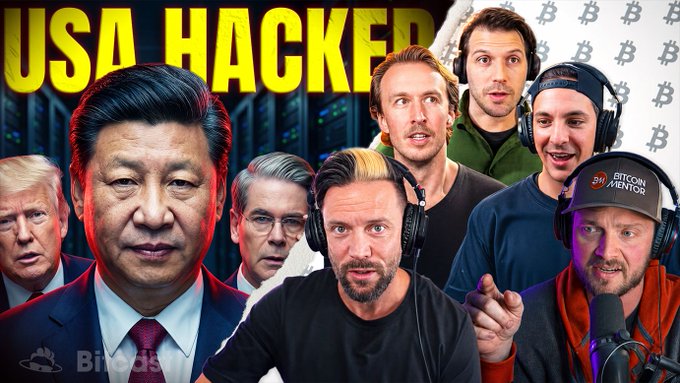 This image depicts a graphic with "USA HACKED" in large yellow text, featuring Chinese leader Xi Jinping alongside Donald Trump and several men wearing headphones, alluding to the accompanying post about financial warfare and a hack of the U.S. Fed and NASA.