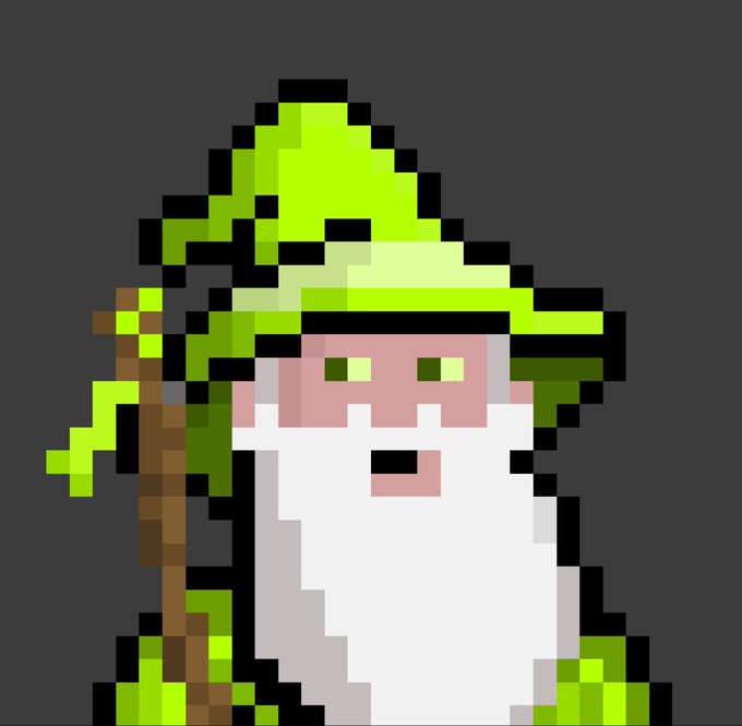 A pixel art character wearing a green wizard hat and white robe, holding a brown staff with green leaves.