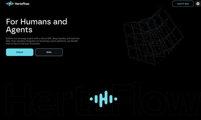 The HertzFlow website homepage with the tagline 'For Humans and Agents' and description about leveraging an SDK, deep liquidity, and real-time data, featuring Github and Skills buttons.