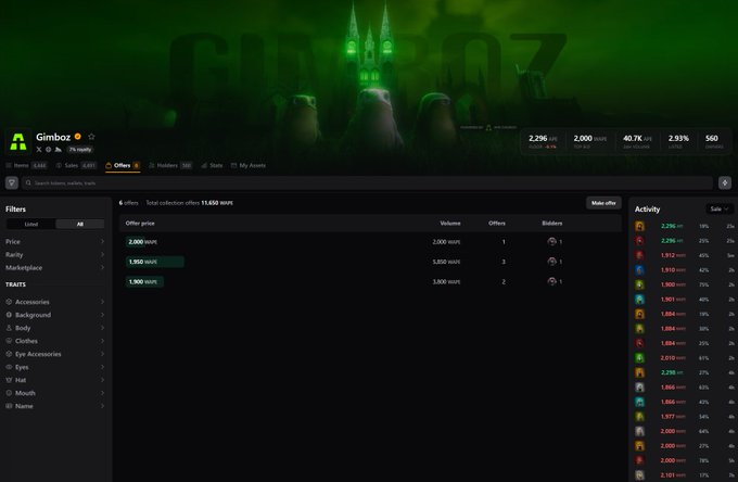 A screenshot of the Gimboz NFT marketplace showing 2,236 items, 2,000 owners, and a collection 'gim' with an offer price of 2,000 WON.