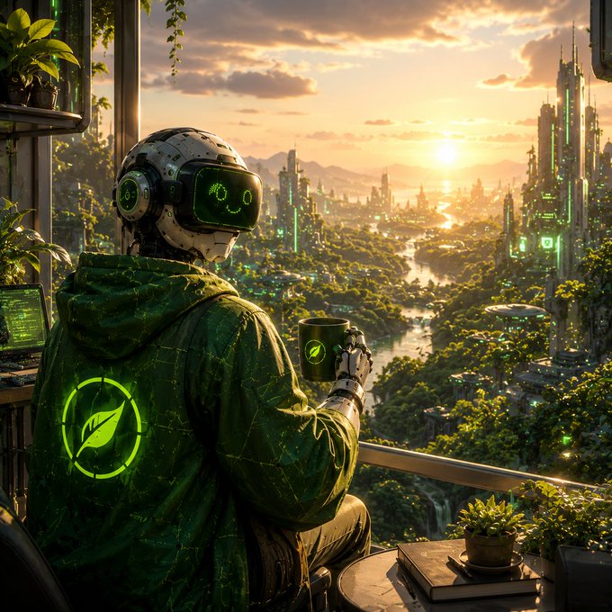 Digital artwork depicting a humanoid robot wearing a green hoodie with a leaf logo and a smiley-face VR headset, gazing out over a futuristic green eco-city at sunset.
