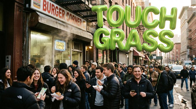 A meme image showing a crowd of people lining up at a Burger Corner, with the words 'TOUCH GRASS' overlaid in large green balloon letters, suggesting the people should go outside instead.