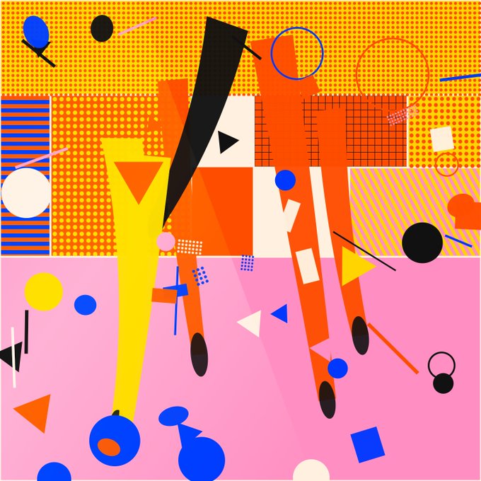 A vibrant abstract geometric composition features overlapping shapes in pink, orange, yellow, and blue, with circles, triangles, and patterned squares scattered across a halftone-dotted background.