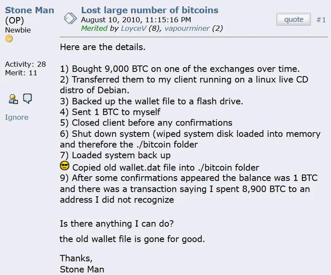 A screenshot of a BitcoinTalk forum post from August 10, 2010, by user "Stone Man" titled "Lost large number of bitcoins," detailing the steps that led to losing 9,000 BTC, including overwriting his wallet.dat file with an older version after wiping his system disk. The post illustrates the original loss event referenced in the caption, where 9,000 BTC—now worth approximately $700M—remain inaccessible on the blockchain.