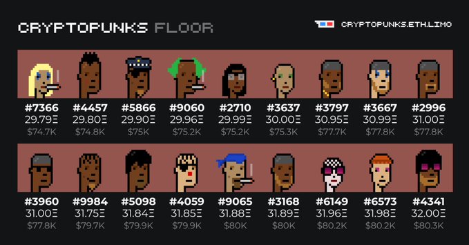 A "CRYPTOPUNKS FLOOR" listing from cryptopunks.eth.limo showing 18 punks with prices ranging from 29.79Ξ ($74.7K) to 32.00Ξ ($80.3K).