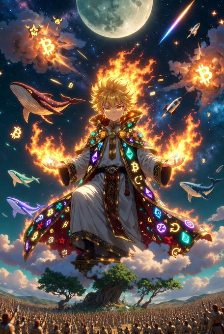 The image features a man with blonde hair wearing a white robe, surrounded by various objects such as a tree, a boat, and a bird. The background of the image shows a sky filled with stars and planets, creating an otherworldly atmosphere. The caption for the image reads "ما يميّز CRYPTOKSA عن باقي المؤثرين العرب والأجانب في المبكرة، مستشار لمشاريع كريبتو كبرى، ومن الـ OG Bitcoin (من الجيل الأوائل اللي آمنوا بالبيتكون من أيامه الأولى)". The image is related to the post because it features a man dressed in a robe and surrounded by various objects, which could be interpreted as a representation of the cryptocurrency world.