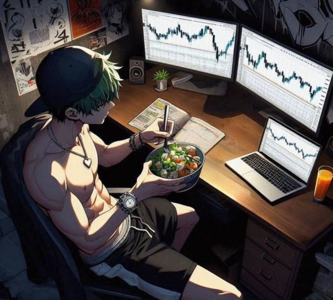 A young trader with green hair, wearing a cap backwards and a tank top, sits shirtless at his desk eating a salad while monitoring multiple screens and a laptop displaying downward-trending stock charts, capturing the "Happy Friday" mood of an active day at the trading desk.