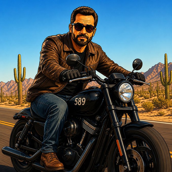 A digital illustration of a bearded man wearing sunglasses, a brown leather jacket, and jeans, riding a black motorcycle with the number "589" on the fuel tank through a desert landscape with cacti and mountains.