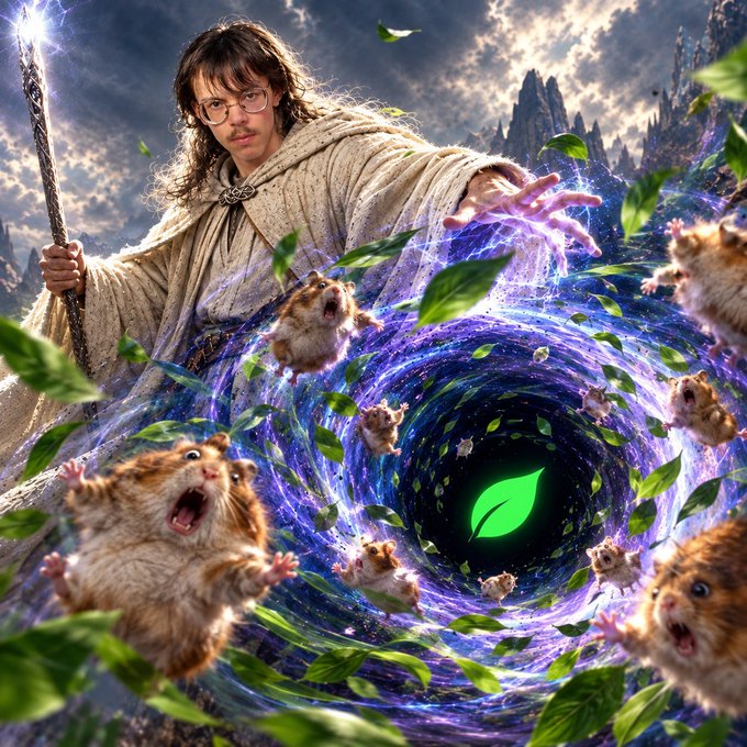 A fantasy digital artwork featuring a long-haired wizard holding a staff and casting a purple magical vortex, surrounded by small screaming hamsters and floating green leaves, with a green leaf logo inside the magical portal.