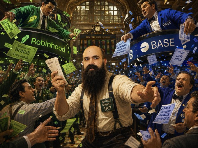 Satirical AI-generated image depicting the New York Stock Exchange with men throwing promotional papers for 'Robinhood', 'BASE', and other trading platforms, with a bearded broker labeled 'RELIABLE BROKER 187' in the center.