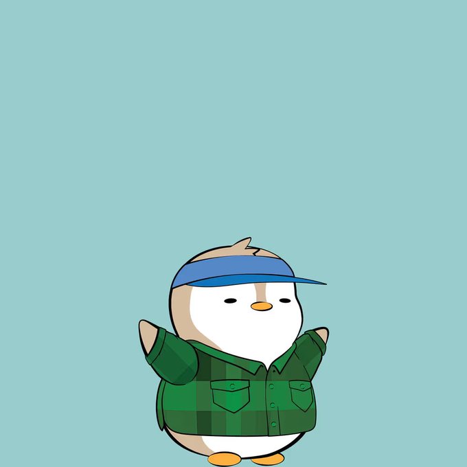 Cute cartoon illustration of a small penguin/chick character wearing a blue visor cap and a green plaid flannel shirt, standing against a solid teal background.