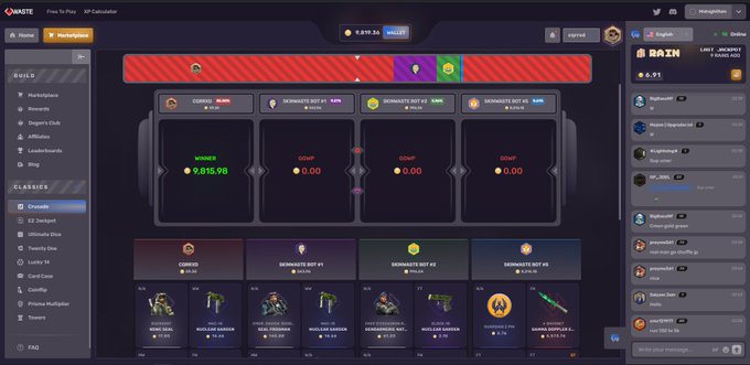 The image shows a SkinWaste marketplace trading interface displaying various CS:GO/CS2 knife skins including Crimson Web, Lore, and Gamma Doppler variants priced in coins and USD. The screenshot relates to the post by illustrating the casual trading activity referenced, showing market listings with items ranging from 0.75 to 0.81 coins, consistent with the user's casual trading mention.