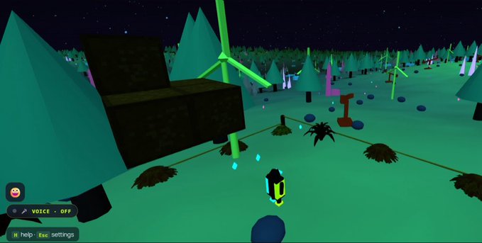 A low-poly 3D video game scene showing a small yellow character in a teal, stylized forest environment with pine trees, spider-like creatures, a windmill, and an open treasure chest, with UI elements including a 'VOICE: OFF' indicator.