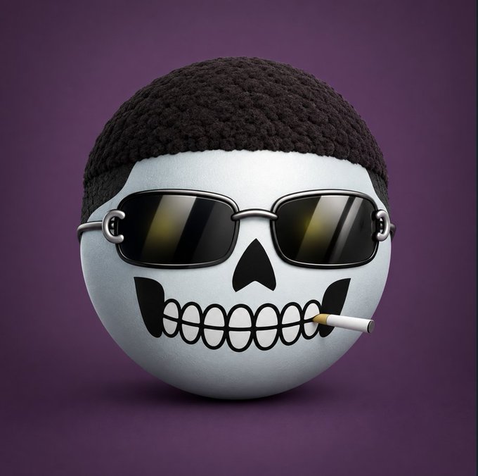 A 3D rendered illustration of a white skull wearing black aviator sunglasses and a dark beanie, with a lit cigarette resting in its teeth against a purple background.