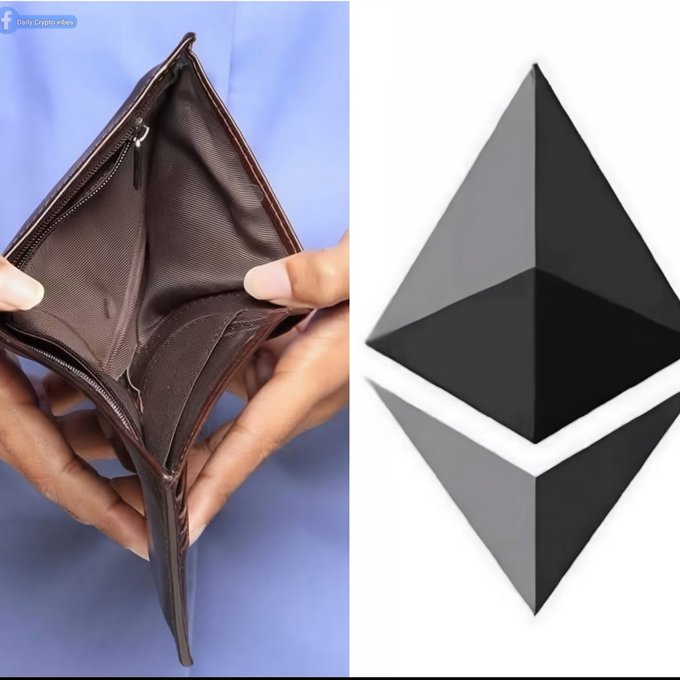 A side-by-side comparison showing an empty brown wallet on the left next to the Ethereum logo on the right, illustrating that an empty wallet represents a crypto investor's financial situation.