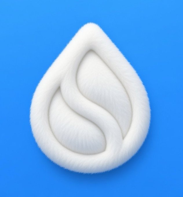 A 3D rendering of a white, fuzzy, teardrop-shaped icon with an internal swirled design set against a solid blue background.